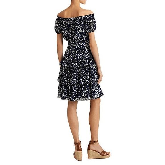 Lauren Ralph Lauren Floral Crinkled Georgette Dress - Blue Cream 16 - Picture 9 of 9